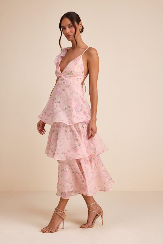 Daleyza Light Pink Floral Organza Tiered Midi Dress