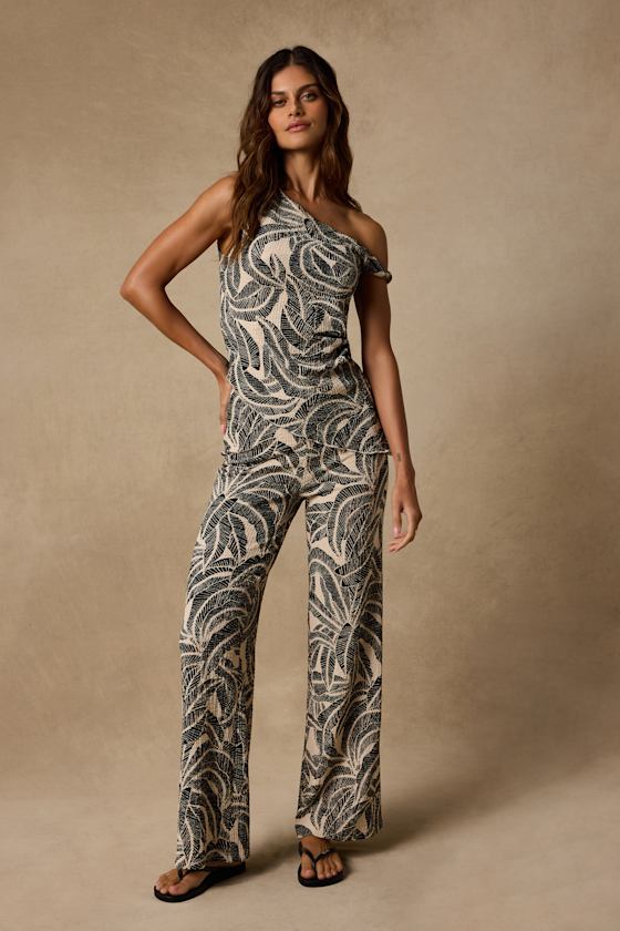 Maya Cream and Black Leaf Print Two-Piece Jumpsuit