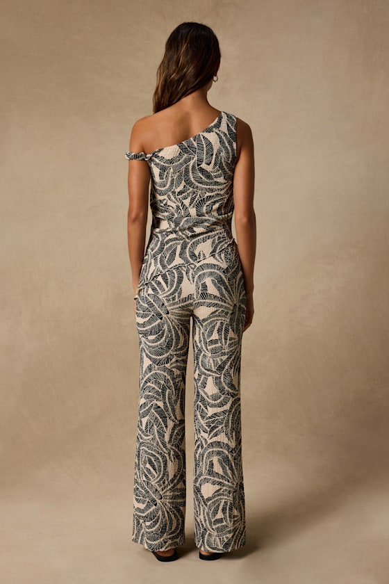 Maya Cream and Black Leaf Print Two-Piece Jumpsuit