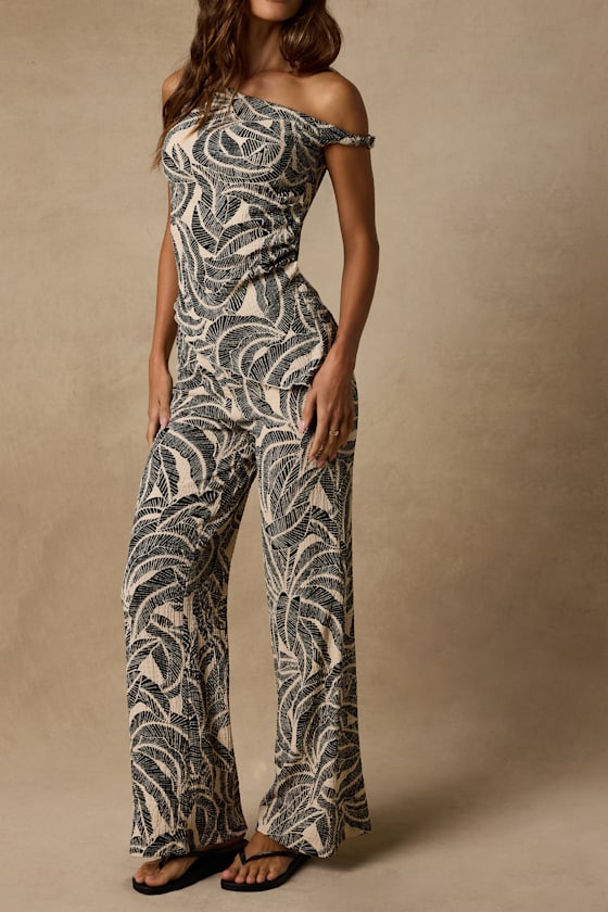 Maya Cream and Black Leaf Print Two-Piece Jumpsuit