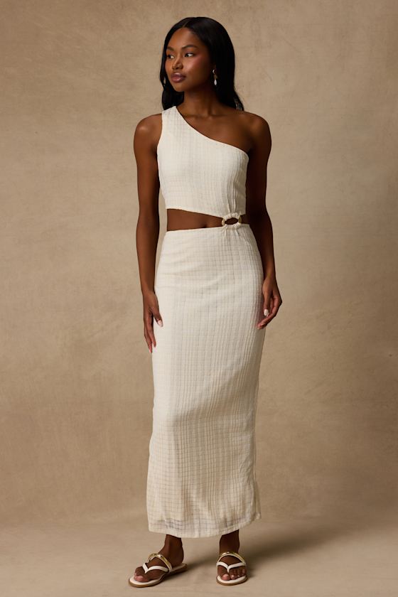 Camelia Cream Textured One-Shoulder Maxi Dress