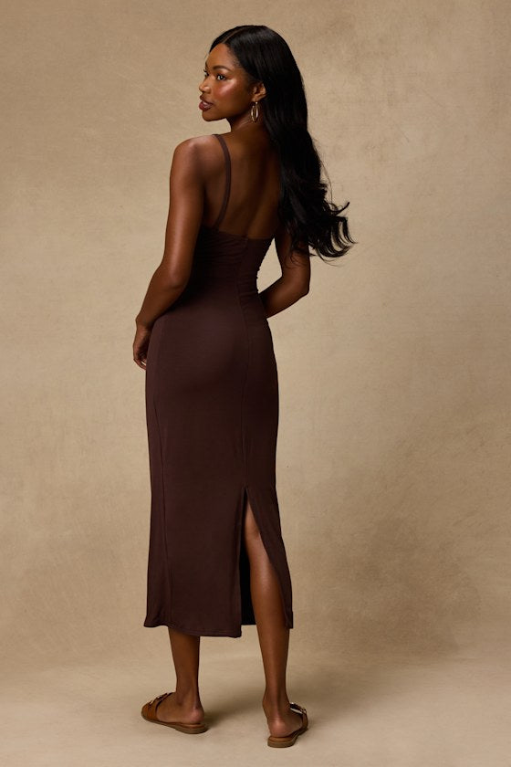 Dalene Brown Jersey Knit Bodycon Midi Dress
