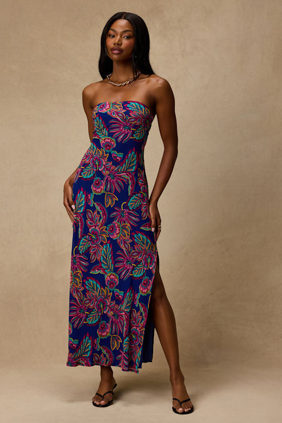 Sofia Blue Multi Boho Print Strapless Maxi Dress