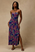 Sofia Blue Multi Boho Print Strapless Maxi Dress