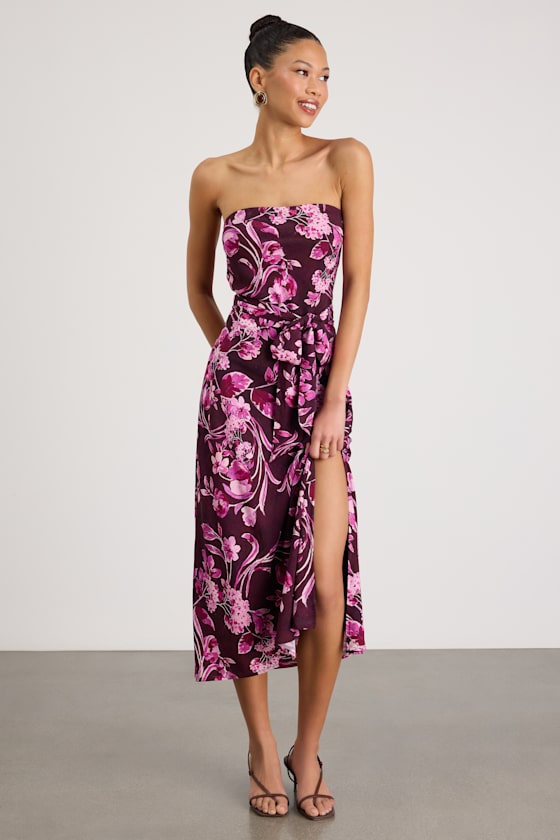 Fanna Dark Plum Floral Strapless Midi Dress
