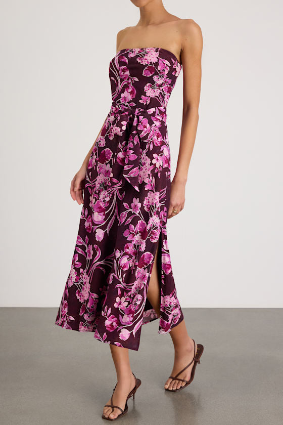 Fanna Dark Plum Floral Strapless Midi Dress