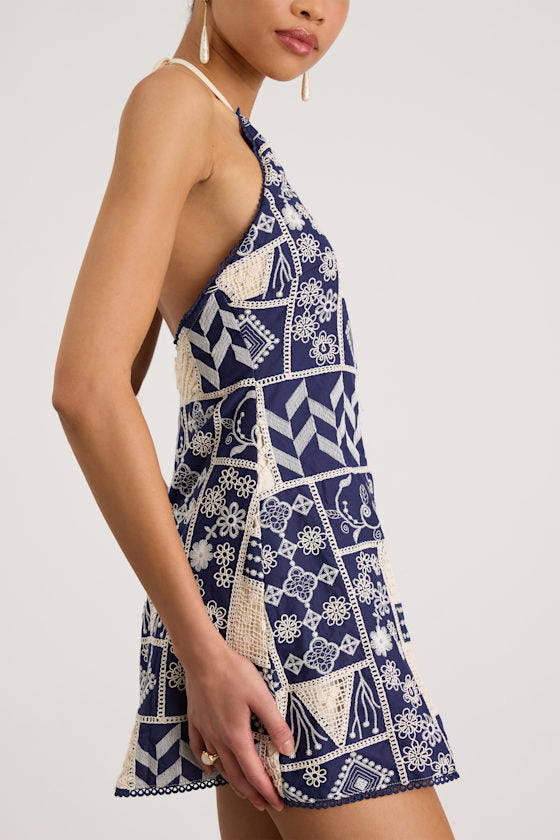 Daisy Navy and Cream Embroidered Halter Mini Dress