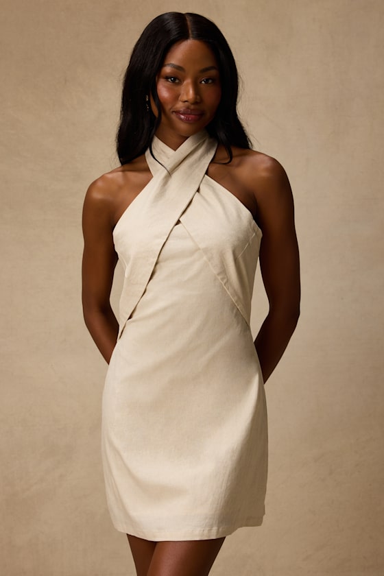 Alette Light Beige Cross-Front Halter Mini Dress