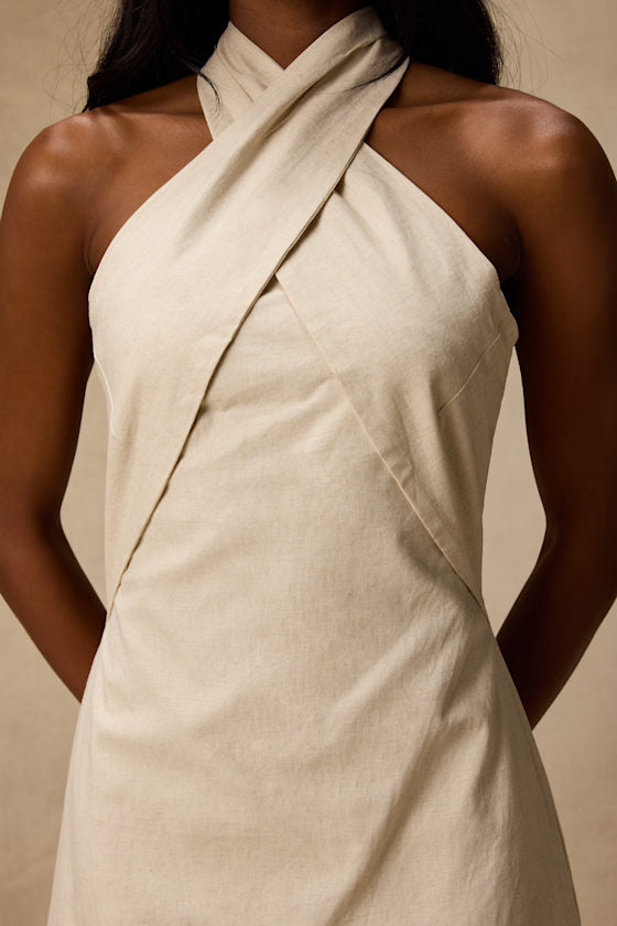 Alette Light Beige Cross-Front Halter Mini Dress