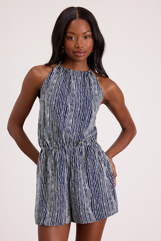 Amadora Navy Striped Halter Romper