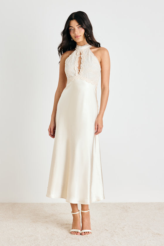 Jelani Ivory Satin Embroidered Midi Dress