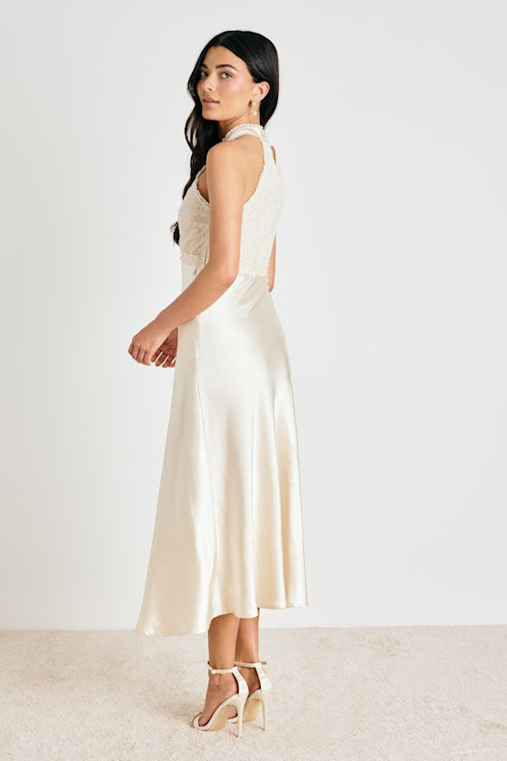 Jelani Ivory Satin Embroidered Midi Dress