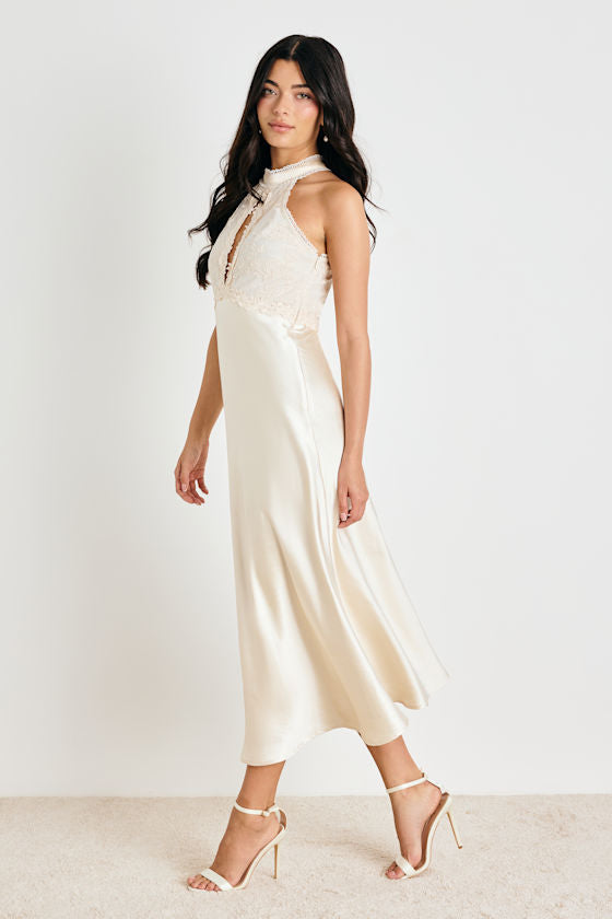 Jelani Ivory Satin Embroidered Midi Dress