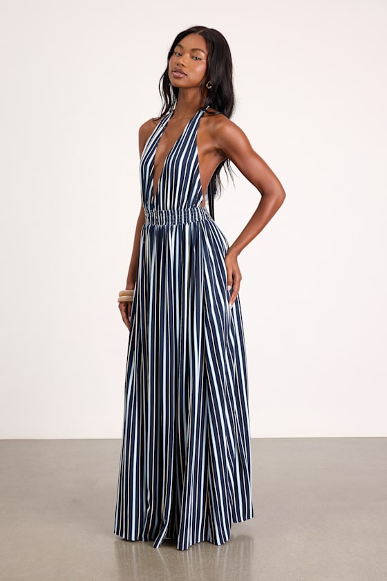 Lisette Navy Striped Backless Maxi Dress