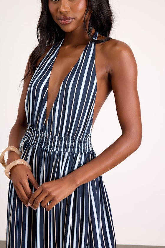 Lisette Navy Striped Backless Maxi Dress