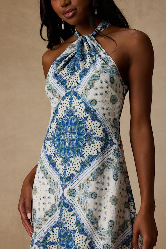 Hania White and Blue Boho Print Halter Midi Dress