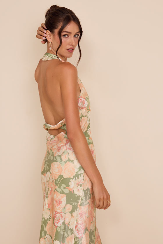 Belin Sage Multi Floral Satin Backless Midi Dress