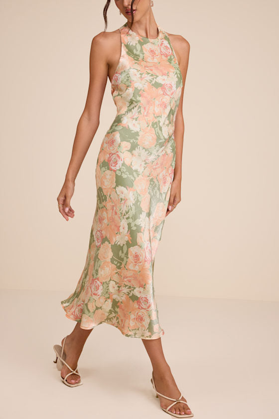 Belin Sage Multi Floral Satin Backless Midi Dress