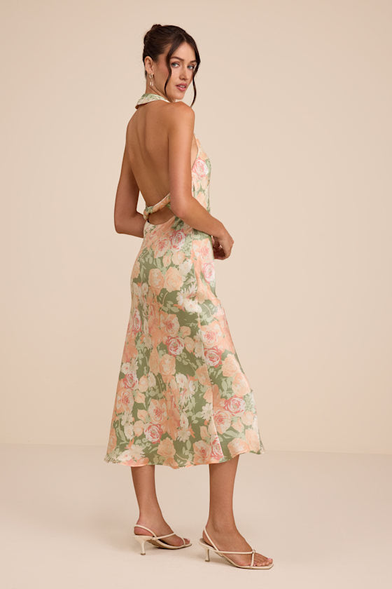 Belin Sage Multi Floral Satin Backless Midi Dress