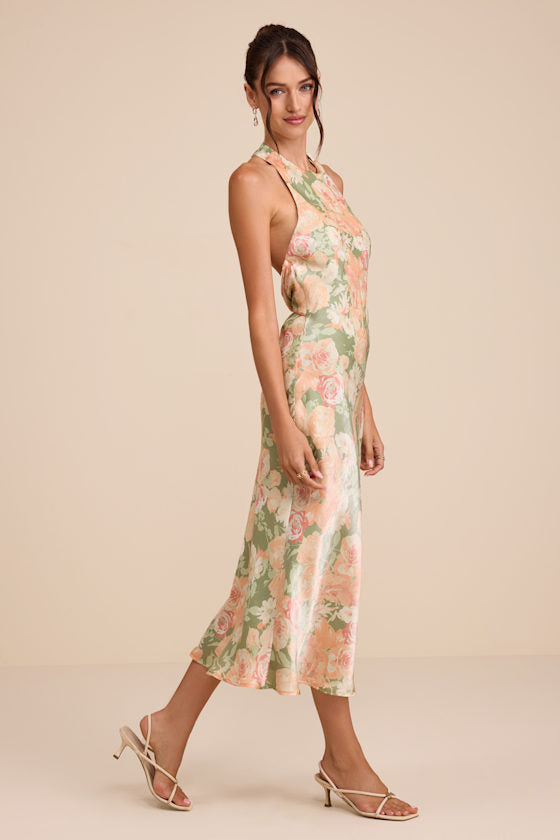Belin Sage Multi Floral Satin Backless Midi Dress