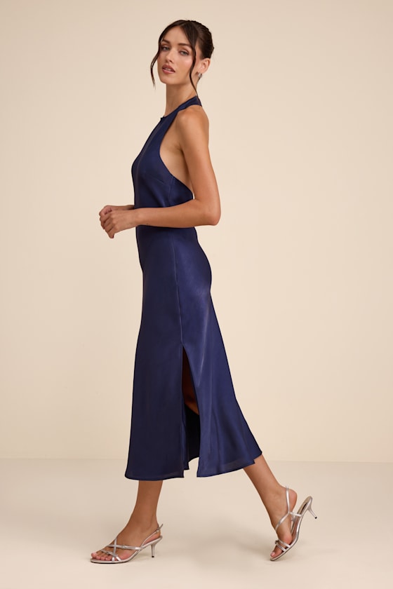 Belin Navy Satin Backless Midi Dress