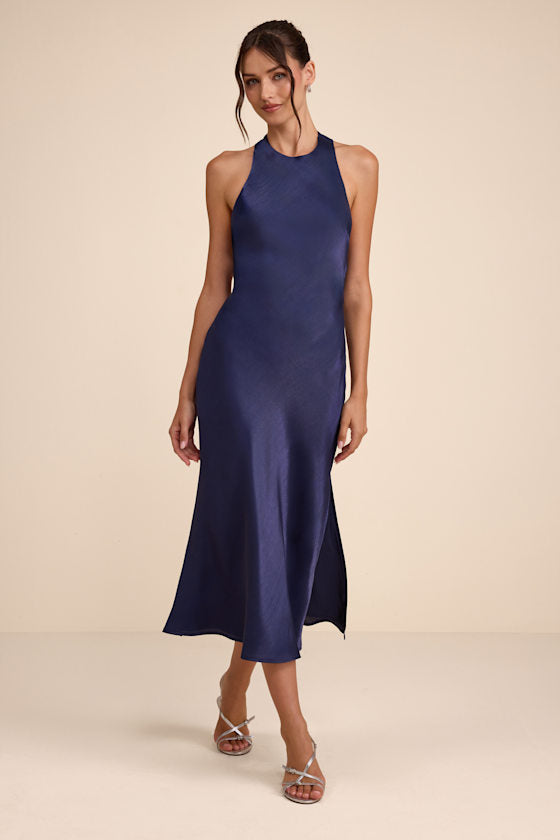 Belin Navy Satin Backless Midi Dress
