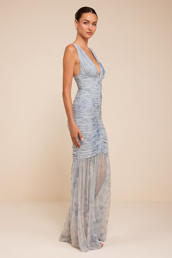 Jamie Light Blue Floral Mesh Sheer Hem Maxi Dress
