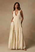 Annie Cream Halter Tiered Cotton Maxi Dress