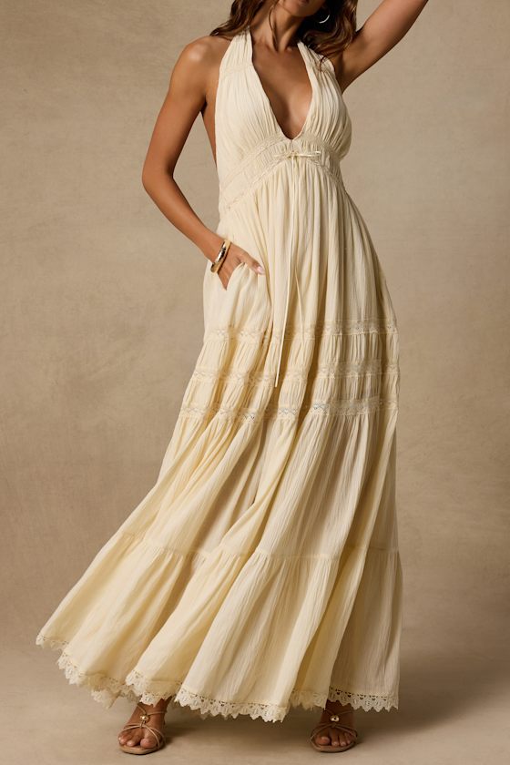 Annie Cream Halter Tiered Cotton Maxi Dress