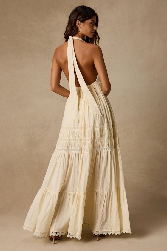 Annie Cream Halter Tiered Cotton Maxi Dress