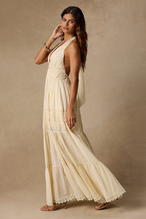 Annie Cream Halter Tiered Cotton Maxi Dress