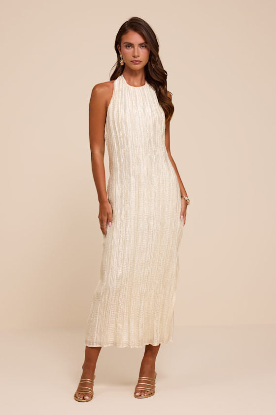 Joya Cream Plisse Halter Midi Dress