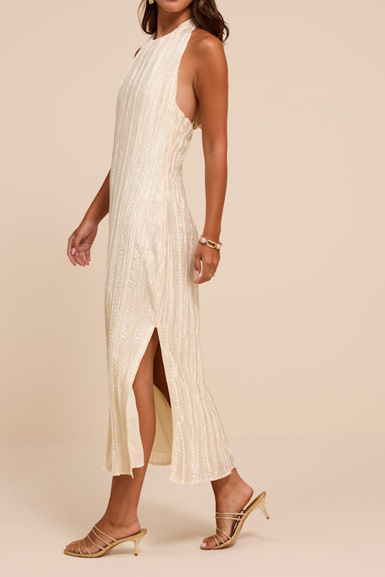 Joya Cream Plisse Halter Midi Dress