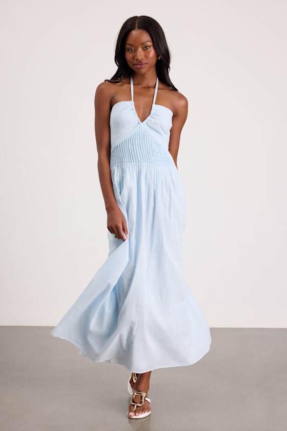 Kylene Light Blue Pleated Halter Maxi Dress