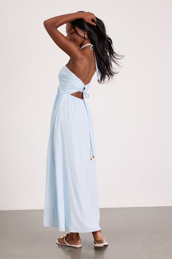 Kylene Light Blue Pleated Halter Maxi Dress
