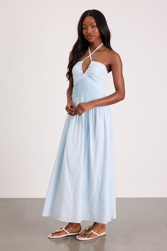 Kylene Light Blue Pleated Halter Maxi Dress