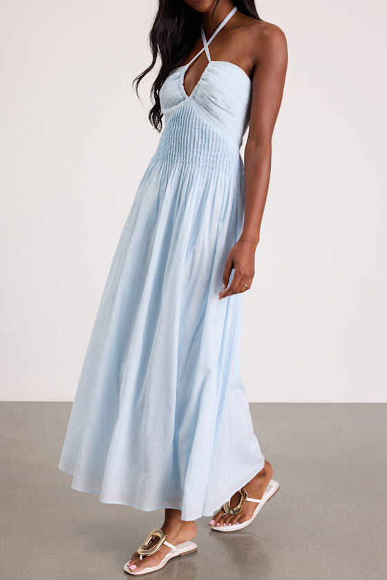 Kylene Light Blue Pleated Halter Maxi Dress