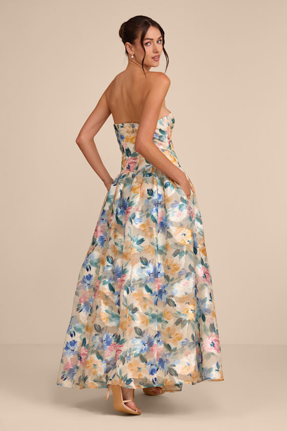 Mikayla Beige Multi Floral Jacquard Maxi Dress