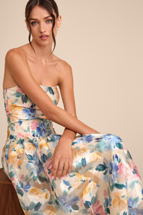Mikayla Beige Multi Floral Jacquard Maxi Dress