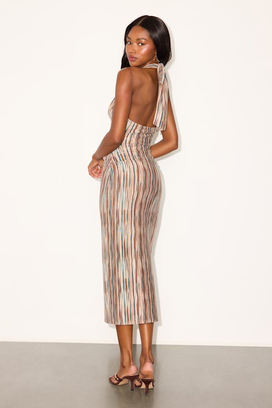 Meela Brown and Teal Abstract Mesh Halter Midi Dress