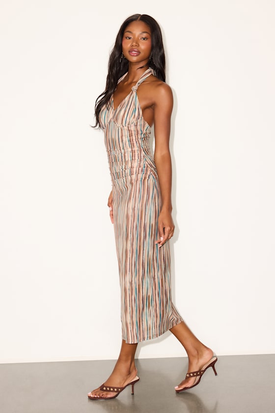 Meela Brown and Teal Abstract Mesh Halter Midi Dress