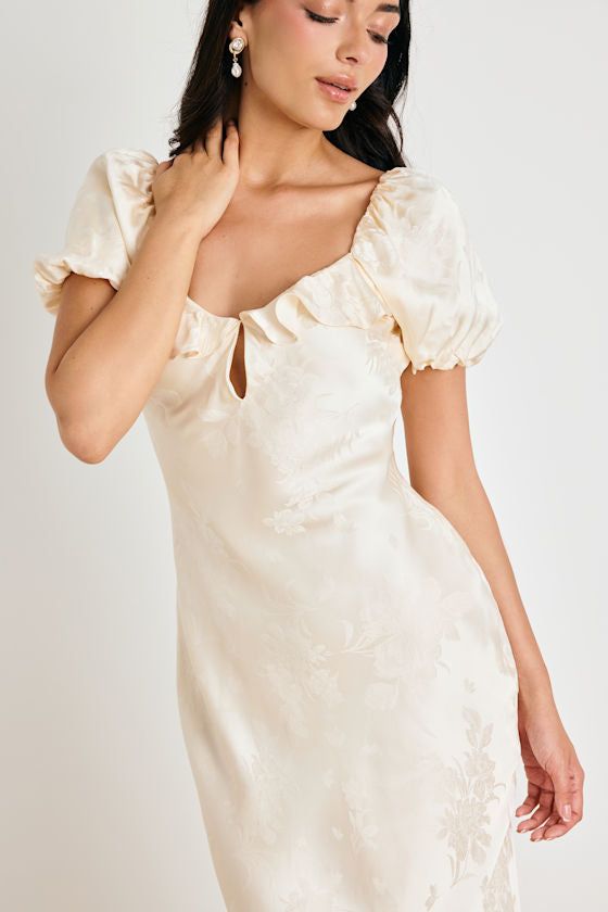 Farina Cream Floral Jacquard Puff Sleeve Maxi Dress