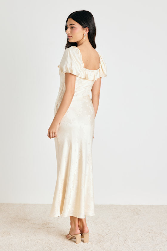 Farina Cream Floral Jacquard Puff Sleeve Maxi Dress