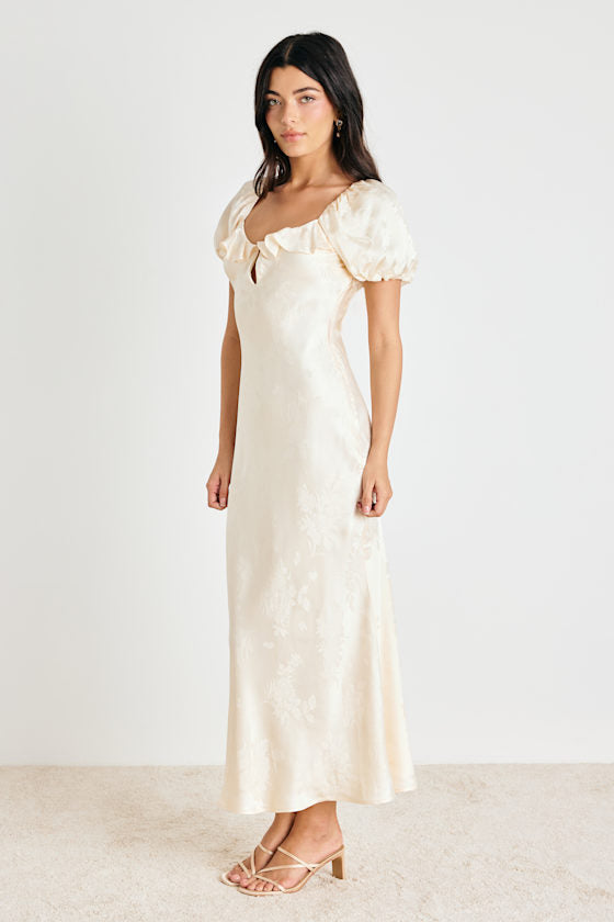 Farina Cream Floral Jacquard Puff Sleeve Maxi Dress