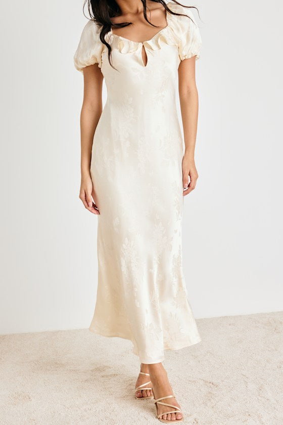 Farina Cream Floral Jacquard Puff Sleeve Maxi Dress