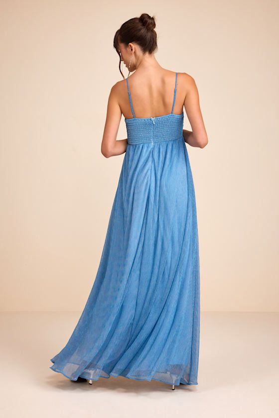 Irina Blue Lurex Plisse Sleeveless Maxi Dress