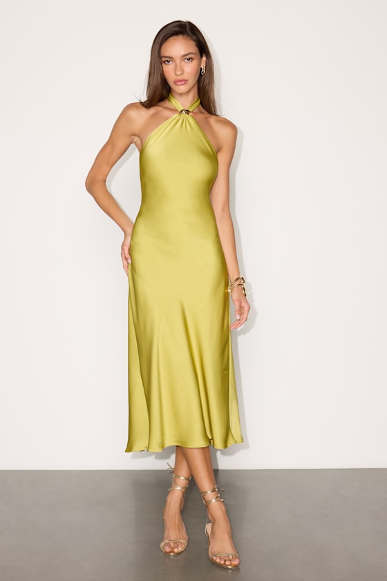 Lorissa Chartreuse Satin Halter Midi Dress