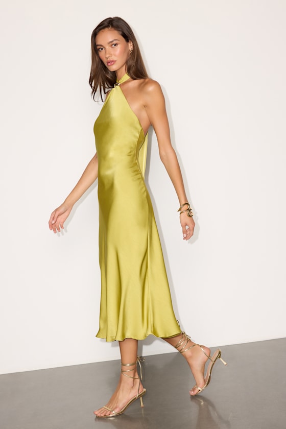 Lorissa Chartreuse Satin Halter Midi Dress