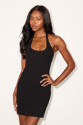 Jazzy Black Ponte Knit Halter Mini Dress