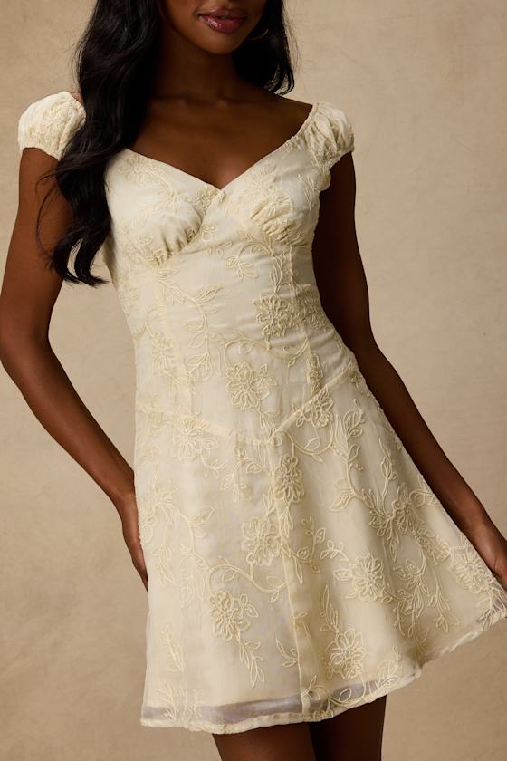 Aura Pale Yellow Embroidered Mini Dress